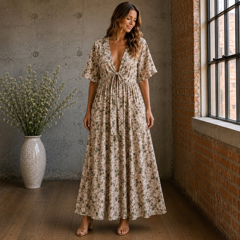 Happy Nature Maxi Dress Womens 12 Green Floral Linen Blend Pockets cottagecore